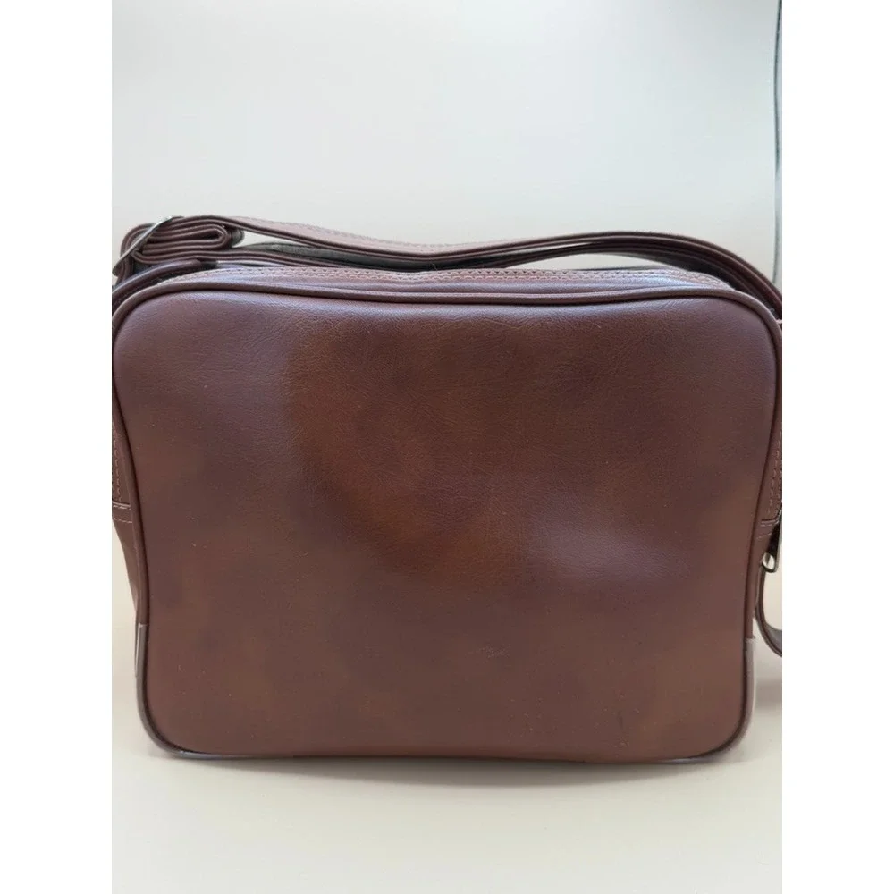 Vintage Brown Camera Shoulder Bag YKK Zippers Faux Leather Adjustable Strap